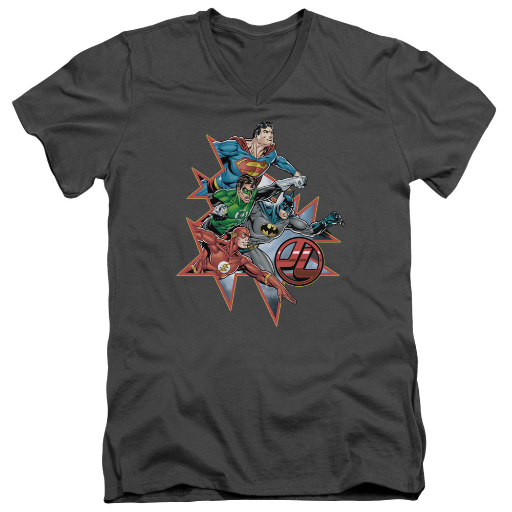AN OFFCIALLY LICENSED JLA STARBURST MEN'S V-NECK T-SHIRT CHARCOAL