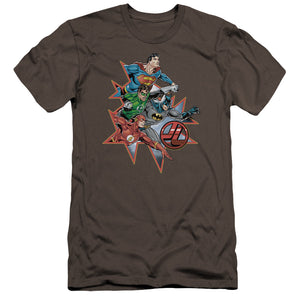 AN OFFCIALLY LICENSED JLA STARBURST MEN'S PREMIUM SLIM FIT T-SHIRT CHARCOAL