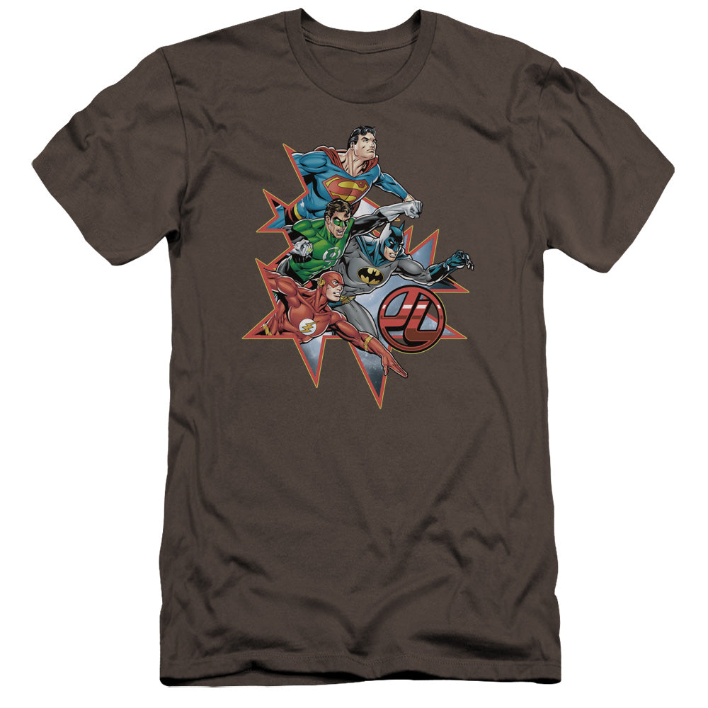 AN OFFCIALLY LICENSED JLA STARBURST MEN'S PREMIUM SLIM FIT T-SHIRT CHARCOAL