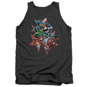 AN OFFCIALLY LICENSED JLA STARBURST ADULT UNISEX TANK TOP CHARCOAL