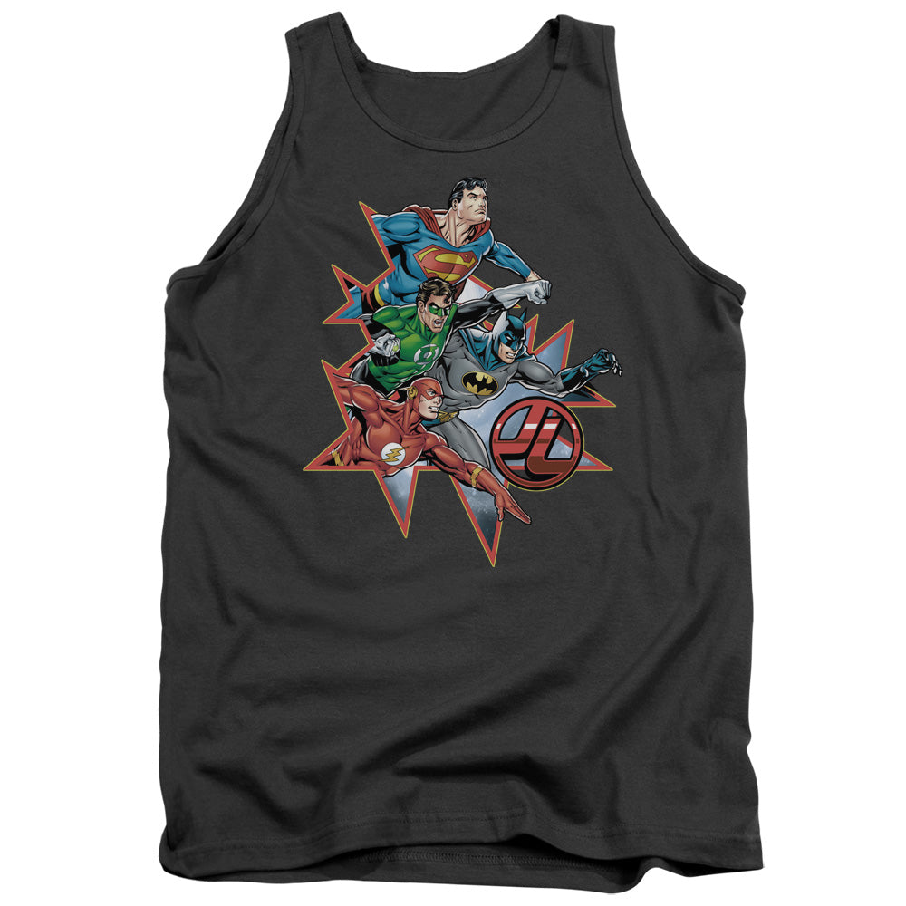 AN OFFCIALLY LICENSED JLA STARBURST ADULT UNISEX TANK TOP CHARCOAL