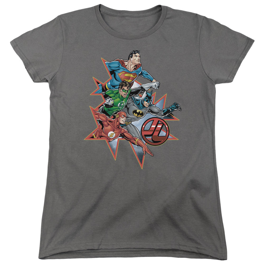 AN OFFCIALLY LICENSED JLA STARBURST WOMEN'S REGULAR FIT T-SHIRT CHARCOAL