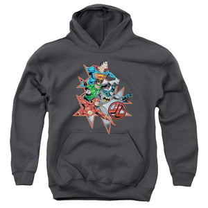 AN OFFCIALLY LICENSED JLA STARBURST YOUTH HOODIE CHARCOAL
