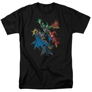 AN OFFCIALLY LICENSED JLA ACTION STARS MEN'S REGULAR FIT T-SHIRT BLACK
