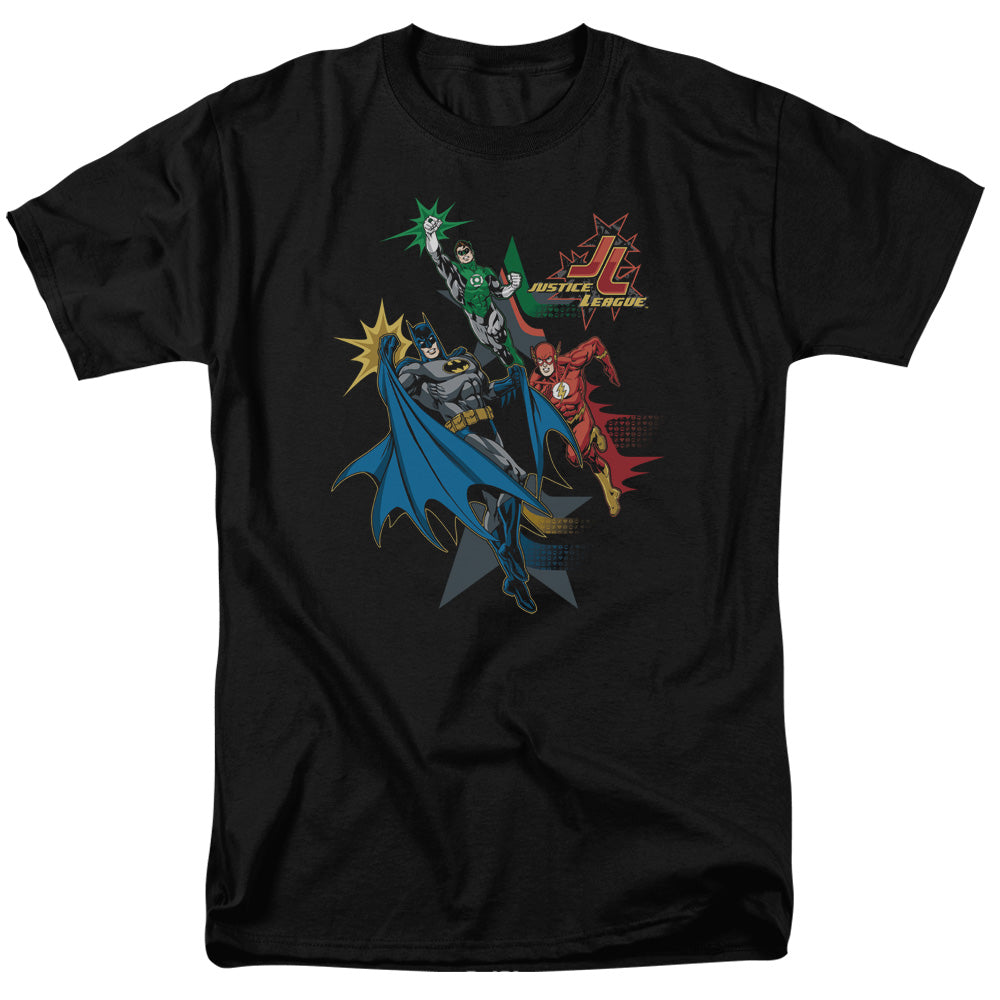 AN OFFCIALLY LICENSED JLA ACTION STARS MEN'S REGULAR FIT T-SHIRT BLACK