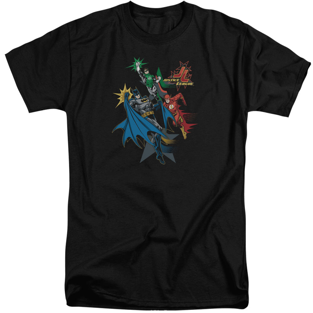 AN OFFCIALLY LICENSED JLA ACTION STARS MEN'S TALL FIT T-SHIRT BLACK