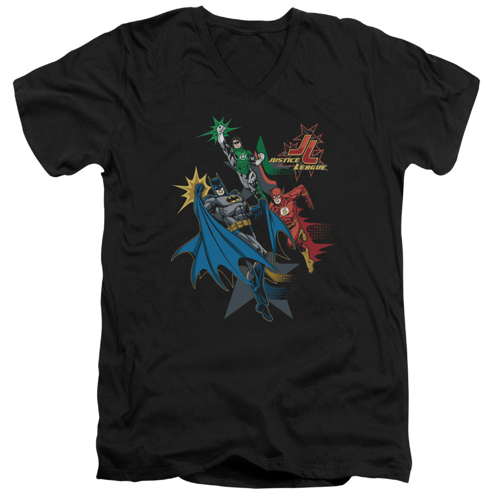 AN OFFCIALLY LICENSED JLA ACTION STARS MEN'S V-NECK T-SHIRT BLACK