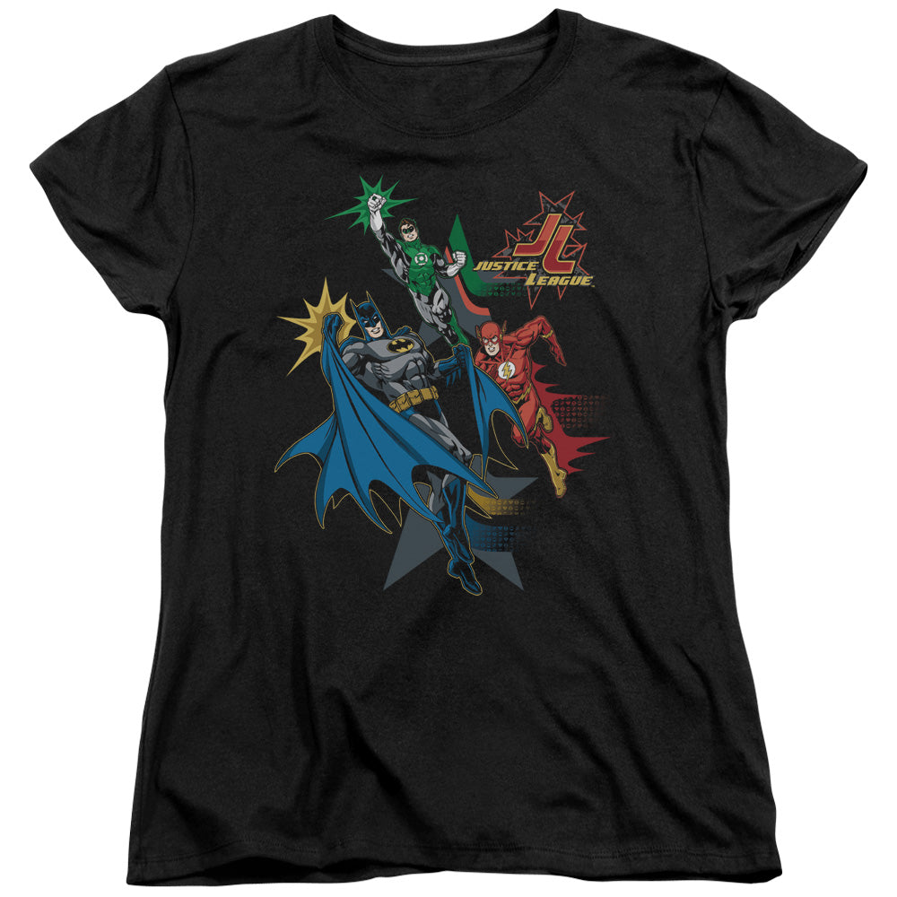 AN OFFCIALLY LICENSED JLA ACTION STARS WOMEN'S REGULAR FIT T-SHIRT BLACK