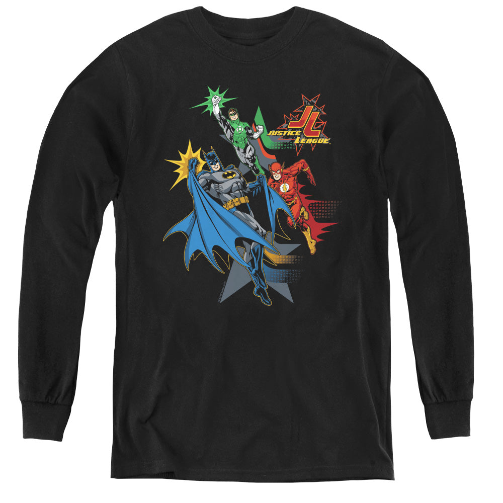 AN OFFCIALLY LICENSED JLA ACTION STARS YOUTH LONG SLEEVE T-SHIRT BLACK