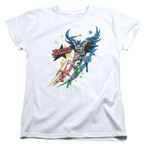 AN OFFCIALLY LICENSED JLA ALLEGIANCE WOMEN'S REGULAR FIT T-SHIRT WHITE
