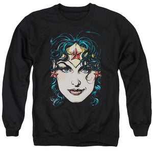 AN OFFCIALLY LICENSED DCO JLA WONDER WOMAN HEAD ADULT UNISEX CREWNECK SWEATSHIRT BLACK