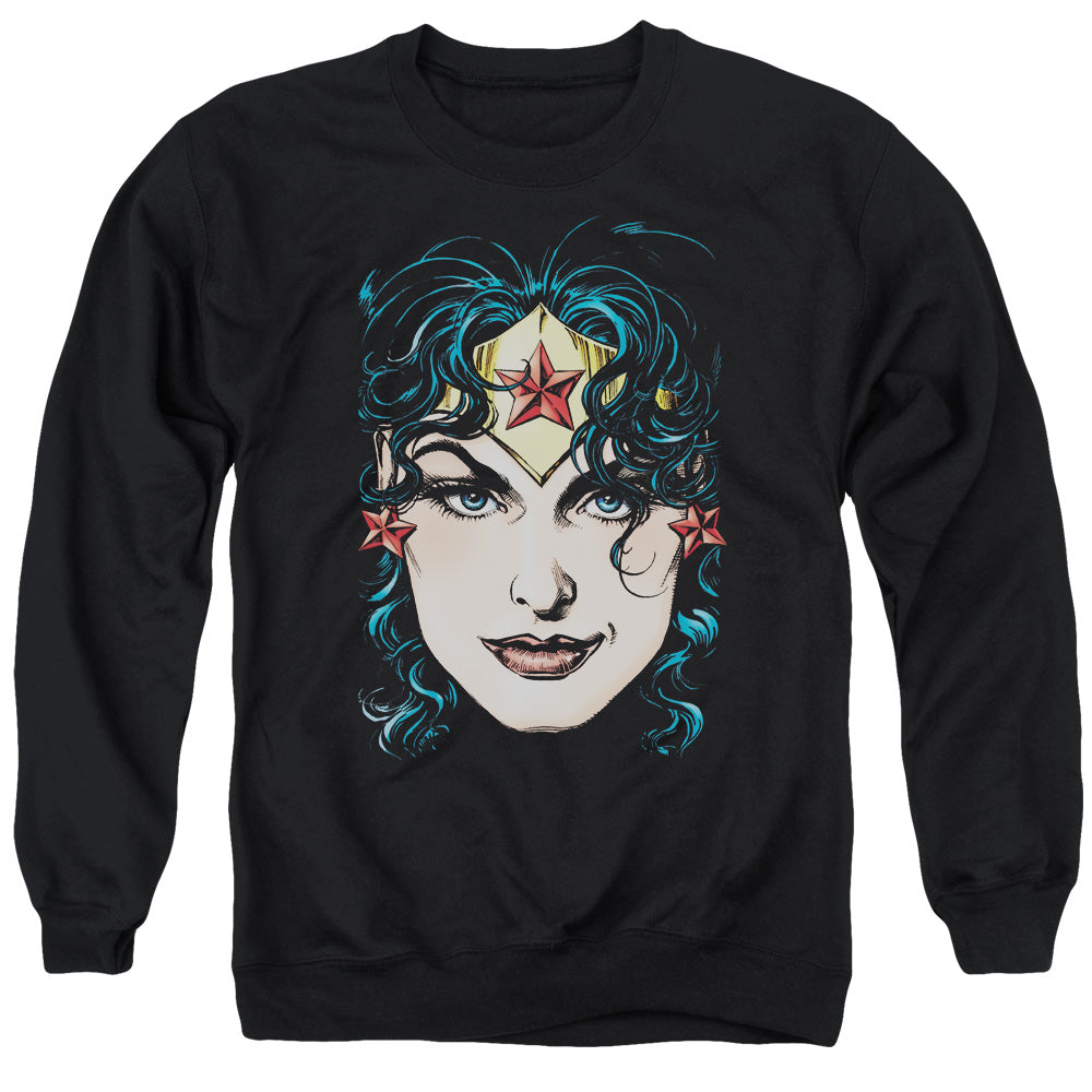 AN OFFCIALLY LICENSED DCO JLA WONDER WOMAN HEAD ADULT UNISEX CREWNECK SWEATSHIRT BLACK