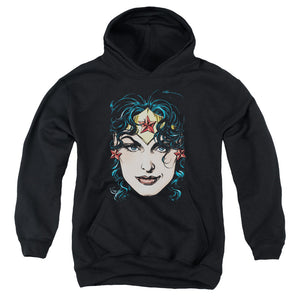 AN OFFCIALLY LICENSED DCO JLA WONDER WOMAN HEAD YOUTH HOODIE BLACK
