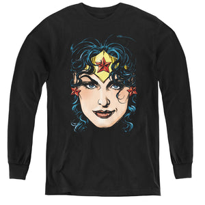 AN OFFCIALLY LICENSED DCO JLA WONDER WOMAN HEAD YOUTH LONG SLEEVE T-SHIRT BLACK