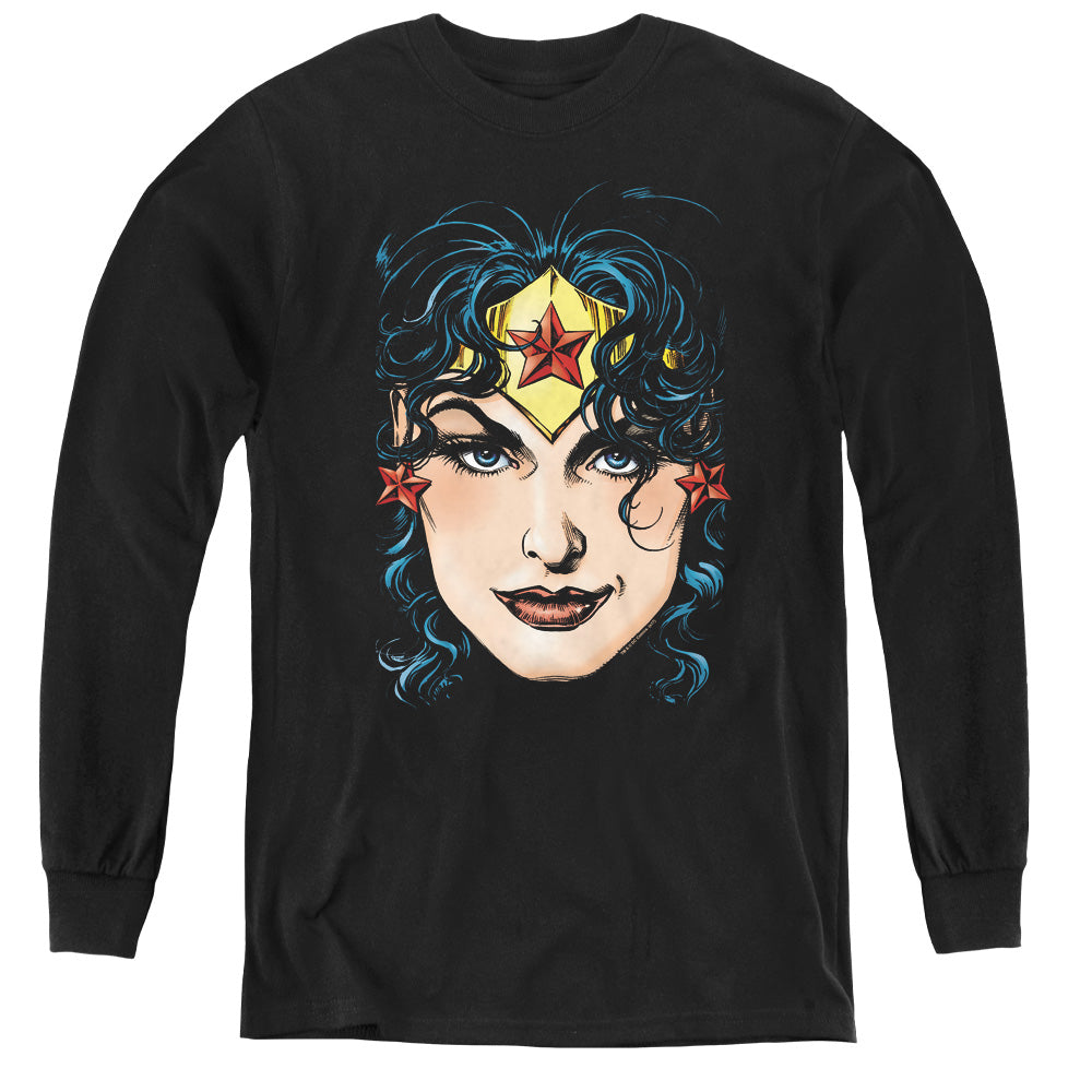 AN OFFCIALLY LICENSED DCO JLA WONDER WOMAN HEAD YOUTH LONG SLEEVE T-SHIRT BLACK