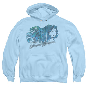 AN OFFCIALLY LICENSED JLA WATERCOLOR HAIR ADULT UNISEX PULLOVER HOODIE LIGHT BLUE