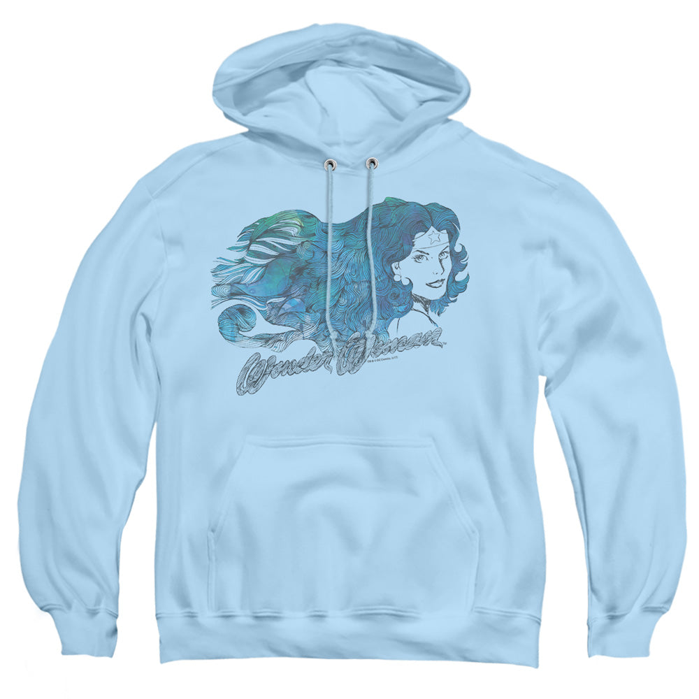 AN OFFCIALLY LICENSED JLA WATERCOLOR HAIR ADULT UNISEX PULLOVER HOODIE LIGHT BLUE