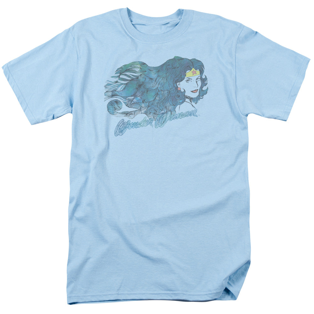 AN OFFCIALLY LICENSED JLA WATERCOLOR HAIR MEN'S REGULAR FIT T-SHIRT LIGHT BLUE