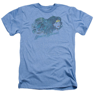 AN OFFCIALLY LICENSED JLA WATERCOLOR HAIR MEN'S HEATHER T-SHIRT LIGHT BLUE