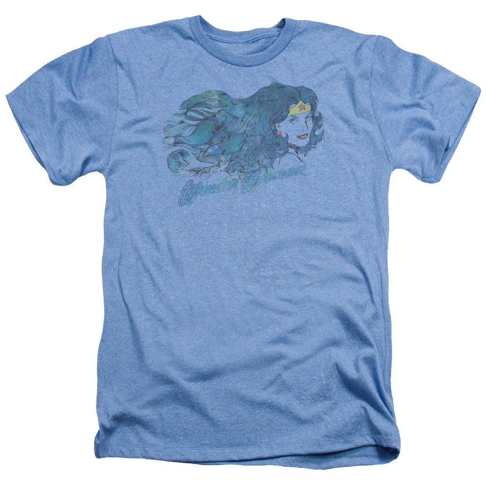 AN OFFCIALLY LICENSED JLA WATERCOLOR HAIR MEN'S HEATHER T-SHIRT LIGHT BLUE