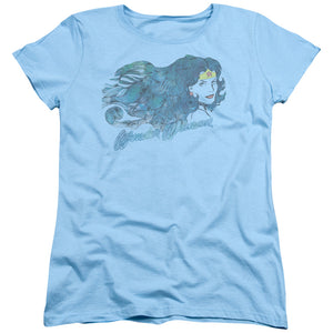 AN OFFCIALLY LICENSED JLA WATERCOLOR HAIR WOMEN'S REGULAR FIT T-SHIRT LIGHT BLUE
