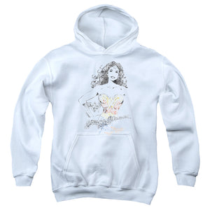 AN OFFCIALLY LICENSED DCO JLA WONDER SQUIGGLES YOUTH HOODIE WHITE