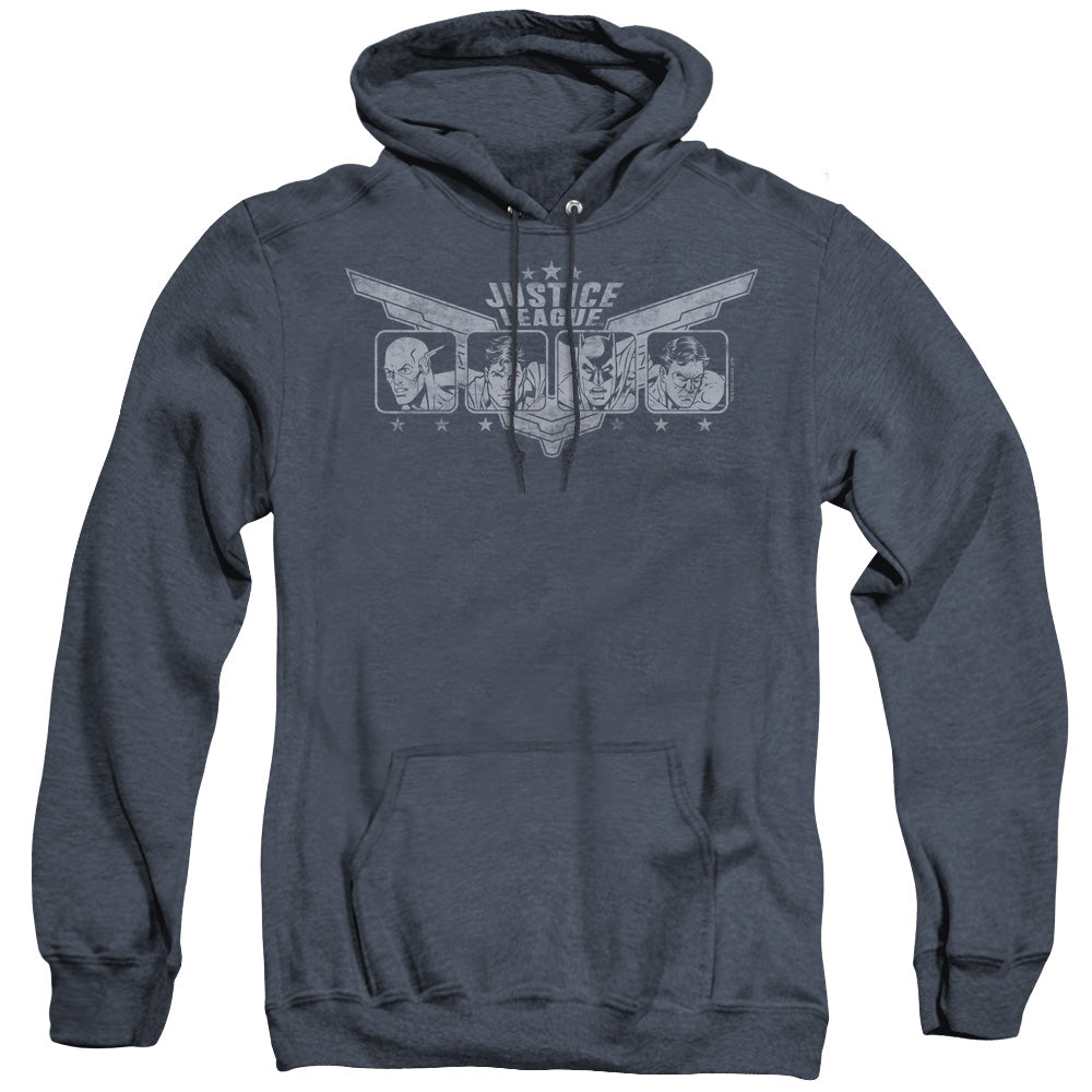 AN OFFCIALLY LICENSED JLA JUSTICE WINGS ADULT UNISEX HEATHER PULLOVER HOODIE NAVY