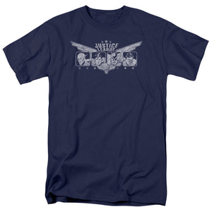 AN OFFCIALLY LICENSED JLA JUSTICE WINGS MEN'S REGULAR FIT T-SHIRT NAVY