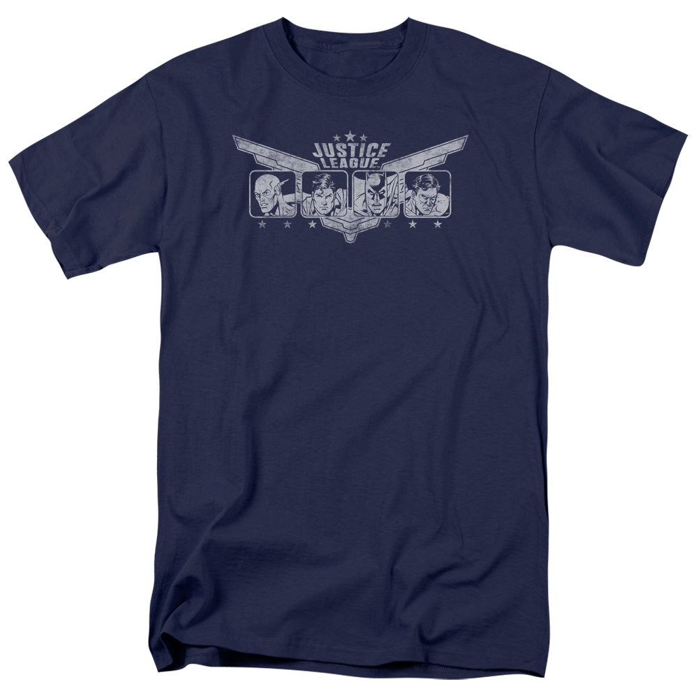 AN OFFCIALLY LICENSED JLA JUSTICE WINGS MEN'S REGULAR FIT T-SHIRT NAVY