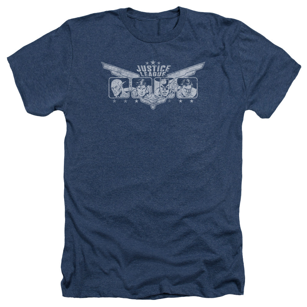 AN OFFCIALLY LICENSED JLA JUSTICE WINGS MEN'S HEATHER T-SHIRT NAVY