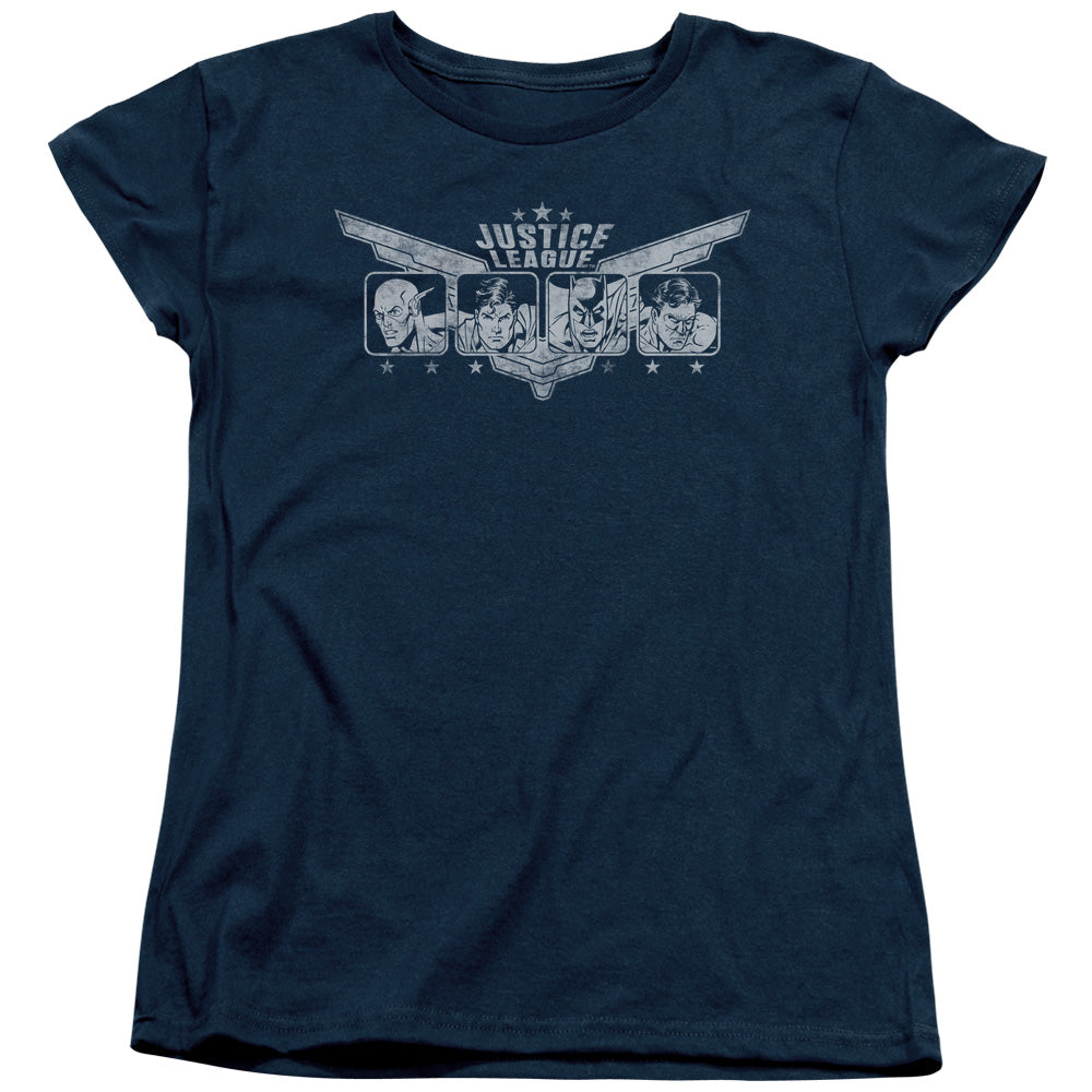 AN OFFCIALLY LICENSED JLA JUSTICE WINGS WOMEN'S REGULAR FIT T-SHIRT NAVY