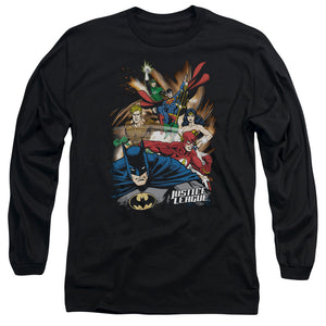 AN OFFCIALLY LICENSED JLA STARBURST MEN'S LONG SLEEVE T-SHIRT BLACK