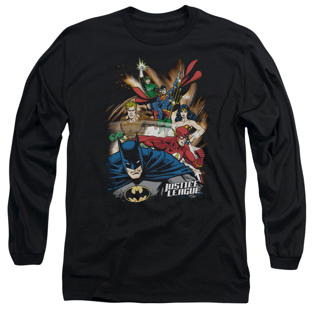 AN OFFCIALLY LICENSED JLA STARBURST MEN'S LONG SLEEVE T-SHIRT BLACK