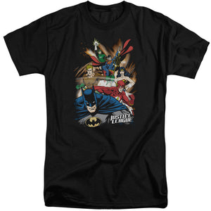 AN OFFCIALLY LICENSED JLA STARBURST MEN'S TALL FIT T-SHIRT BLACK