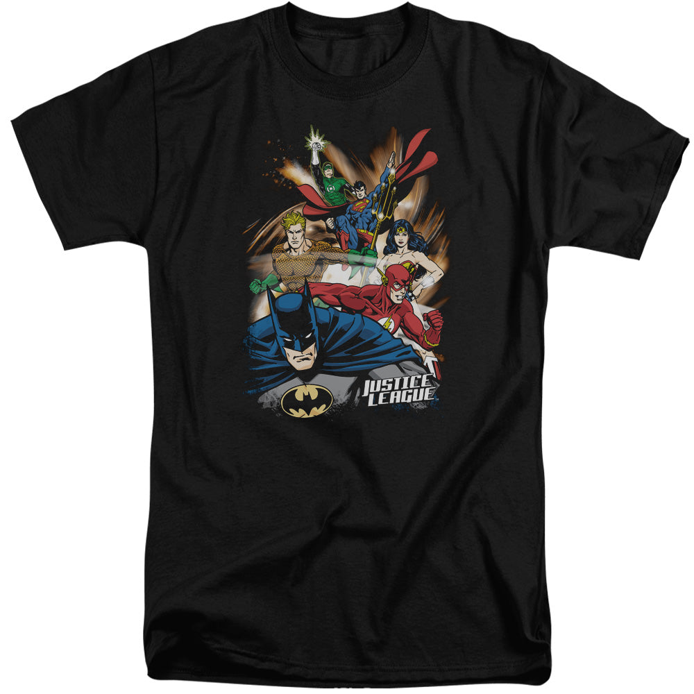 AN OFFCIALLY LICENSED JLA STARBURST MEN'S TALL FIT T-SHIRT BLACK