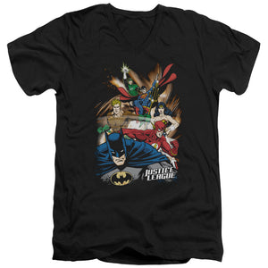 AN OFFCIALLY LICENSED JLA STARBURST MEN'S V-NECK T-SHIRT BLACK