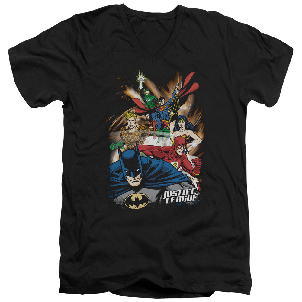 AN OFFCIALLY LICENSED JLA STARBURST MEN'S V-NECK T-SHIRT BLACK
