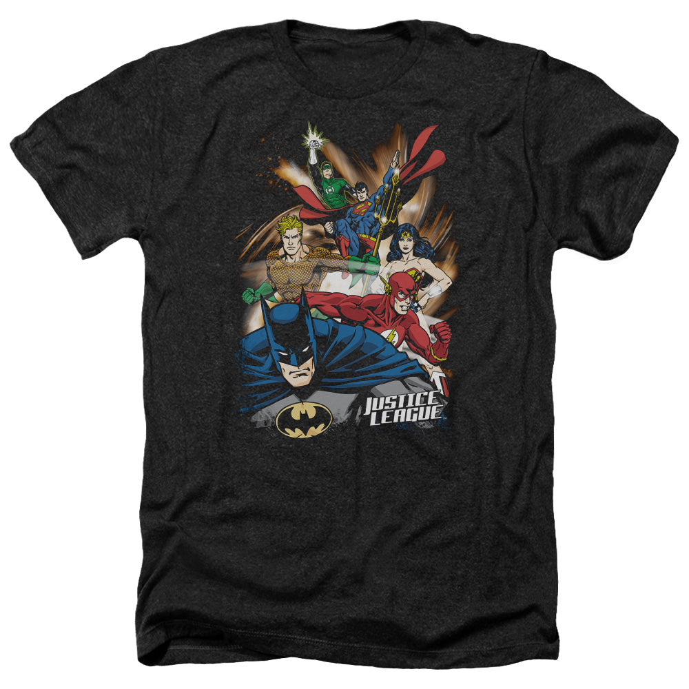 AN OFFCIALLY LICENSED JLA STARBURST MEN'S HEATHER T-SHIRT CHARCOAL