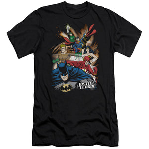 AN OFFCIALLY LICENSED JLA STARBURST MEN'S PREMIUM SLIM FIT T-SHIRT BLACK