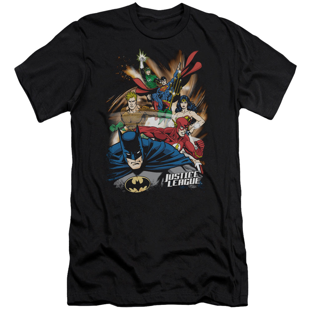 AN OFFCIALLY LICENSED JLA STARBURST MEN'S PREMIUM SLIM FIT T-SHIRT BLACK