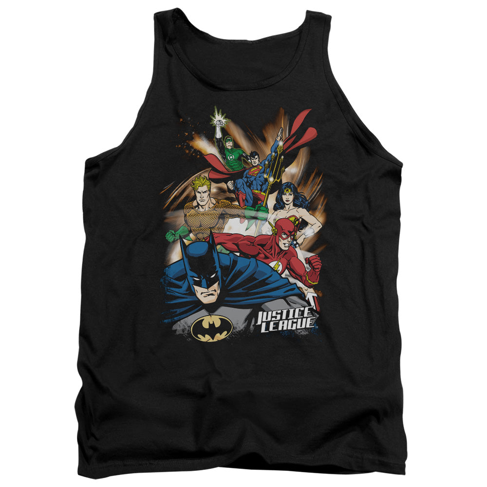 AN OFFCIALLY LICENSED JLA STARBURST ADULT UNISEX TANK TOP BLACK