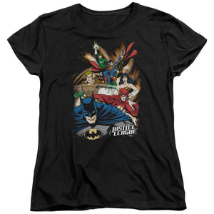 AN OFFCIALLY LICENSED JLA STARBURST WOMEN'S REGULAR FIT T-SHIRT BLACK