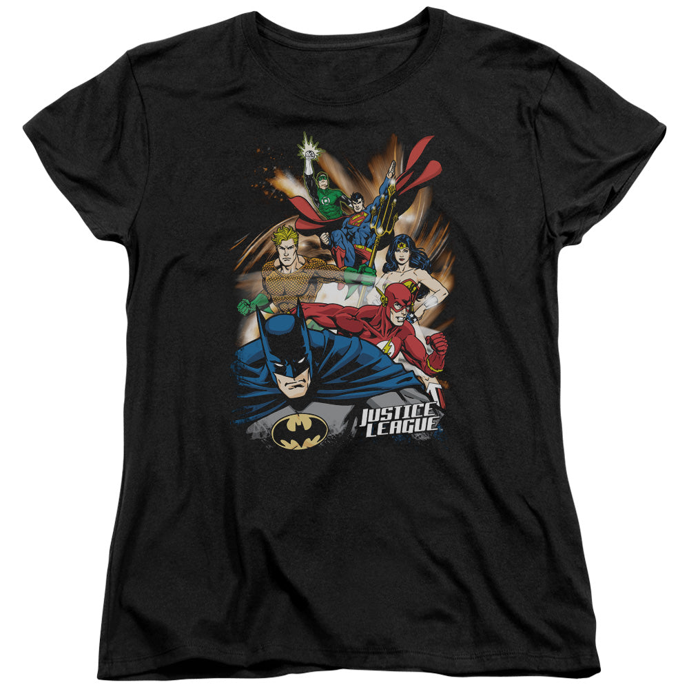 AN OFFCIALLY LICENSED JLA STARBURST WOMEN'S REGULAR FIT T-SHIRT BLACK