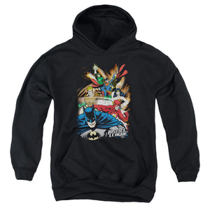 AN OFFCIALLY LICENSED JLA STARBURST YOUTH HOODIE BLACK