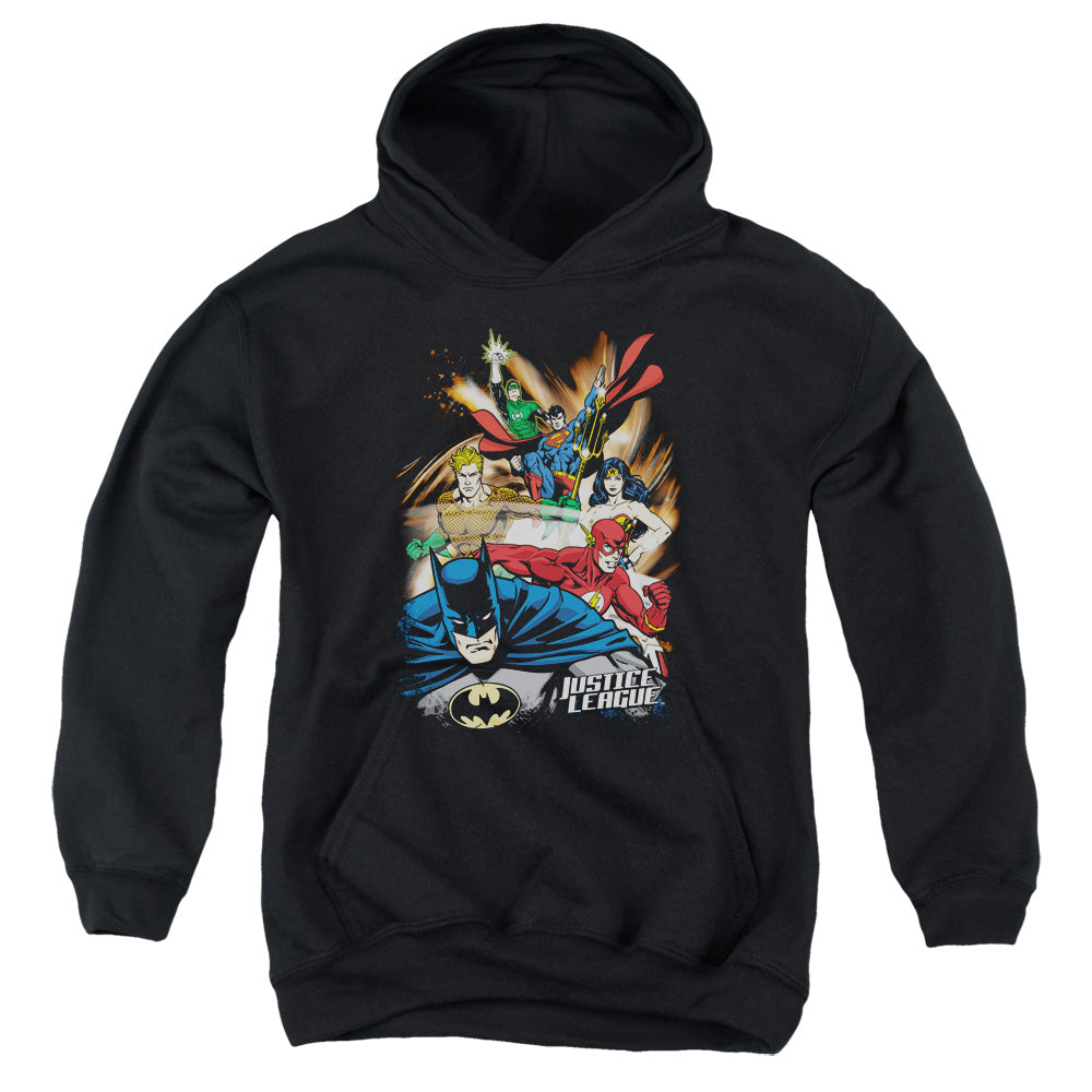 AN OFFCIALLY LICENSED JLA STARBURST YOUTH HOODIE BLACK