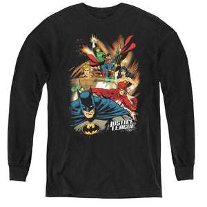 AN OFFCIALLY LICENSED JLA STARBURST YOUTH LONG SLEEVE T-SHIRT BLACK