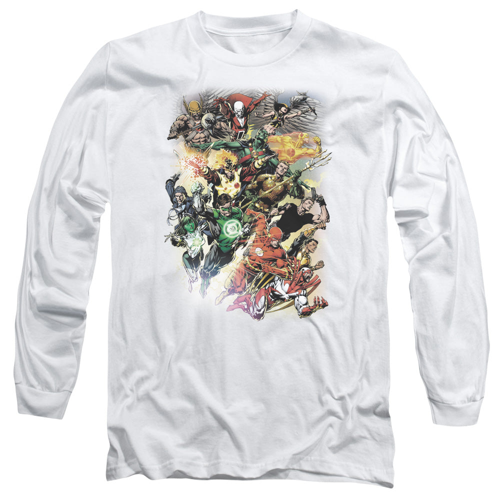 AN OFFCIALLY LICENSED JLA BRIGHTEST DAY #0 MEN'S LONG SLEEVE T-SHIRT WHITE