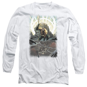 AN OFFCIALLY LICENSED JLA BRIGHTEST DAY AQUAMAN MEN'S LONG SLEEVE T-SHIRT WHITE