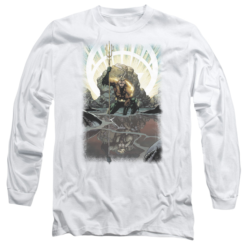 AN OFFCIALLY LICENSED JLA BRIGHTEST DAY AQUAMAN MEN'S LONG SLEEVE T-SHIRT WHITE