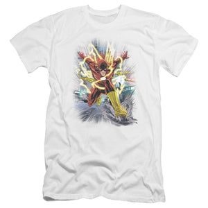 AN OFFCIALLY LICENSED JLA BRIGHTEST DAY FLASH MEN'S PREMIUM SLIM FIT T-SHIRT WHITE